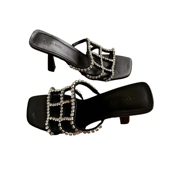 Open Edit Daphne Black Sandals Heel Crystal Embellishments Square Toe size 9 New - Picture 5 of 10
